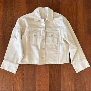 GRLFRND Cropped White Denim Jean Jacket | Size L | Flap Pockets